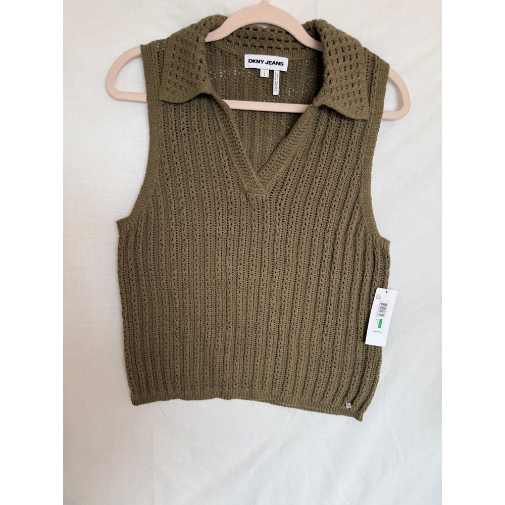 NWT DKNY Jeans Women L Olive Green Cotton Open Knit Polo Sweater Vest